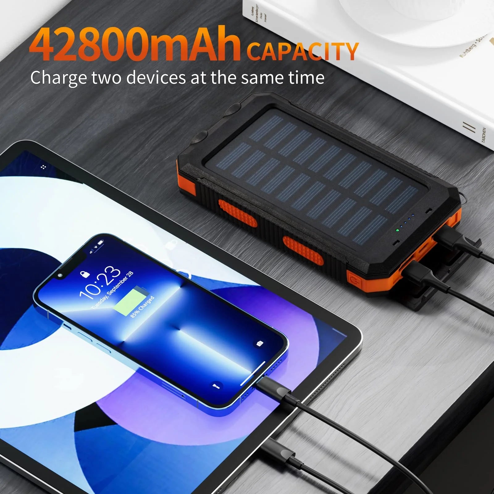 Solar Power Bank 42800Mah Portable Power Pack with Flashlight & Dual USB Ports