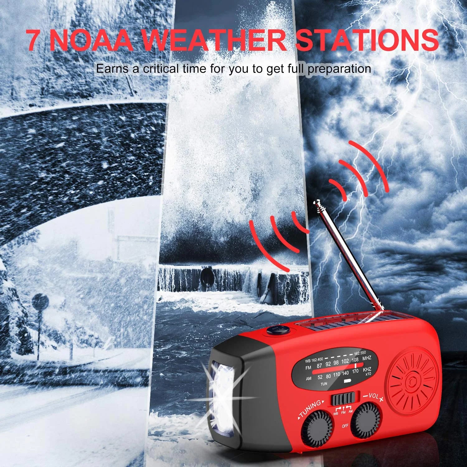 NOAA Weather Emergency Radio with 7400mAh/2000mAh Battery, AM/FM/WB, Hand Crank and Solar Power, Portable Power Bank, Weather Alert, and Flashlight for Outdoor Use
