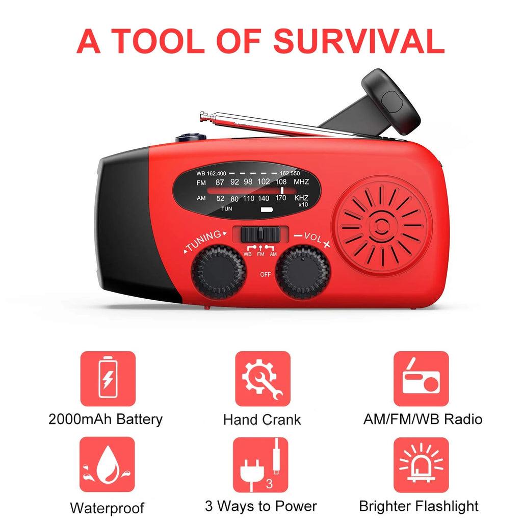 NOAA Weather Emergency Radio with 7400mAh/2000mAh Battery, AM/FM/WB, Hand Crank and Solar Power, Portable Power Bank, Weather Alert, and Flashlight for Outdoor Use